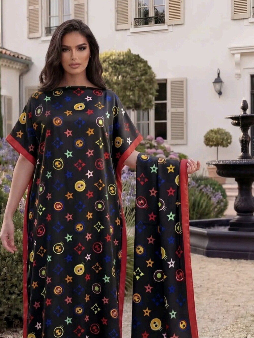 Woman Elegant Geometric Print Robe Set Fitted Long Dress With Matching Scarf